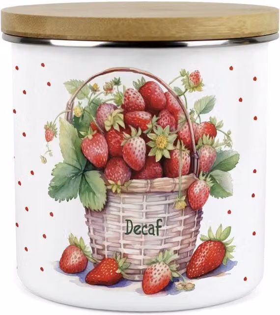 Purely Home Strawberry Basket Large Kitchen Storage Canister, White Enamel Metal Dotted Design