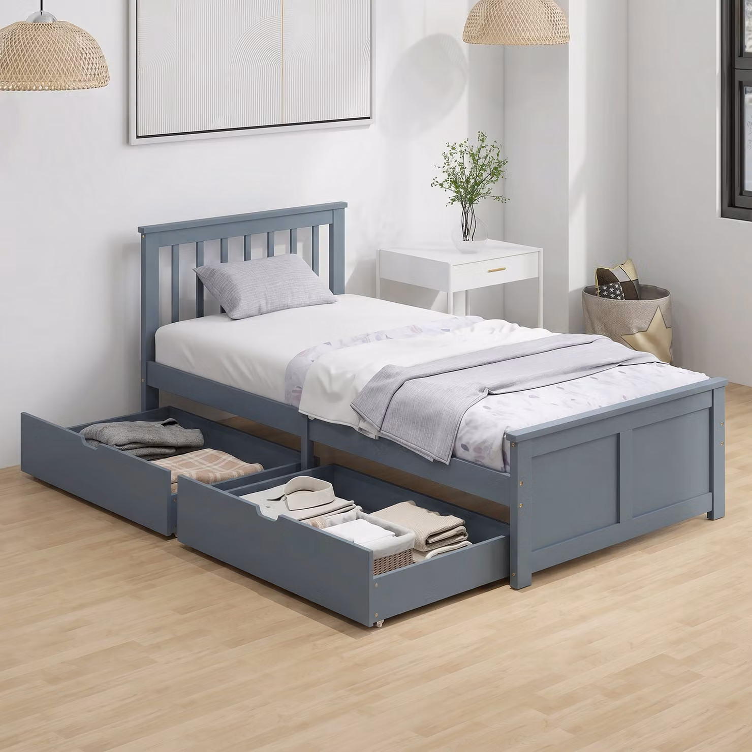 HOMCOM Grey Solid Pine Wood Single Storage Bed Frame with Drawers and Headboard, W/D/H: 90 x 190 x 82 cm – 2