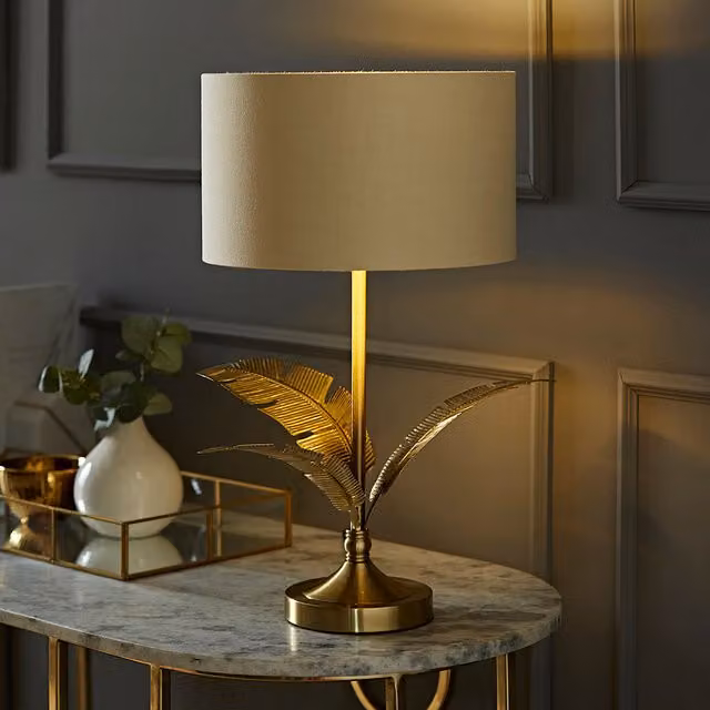 ValueLights Christina Palm Leaf Table Lamp with Fabric and Metallic Shade and LED Bulb in Natural, Black and Gold/Brass