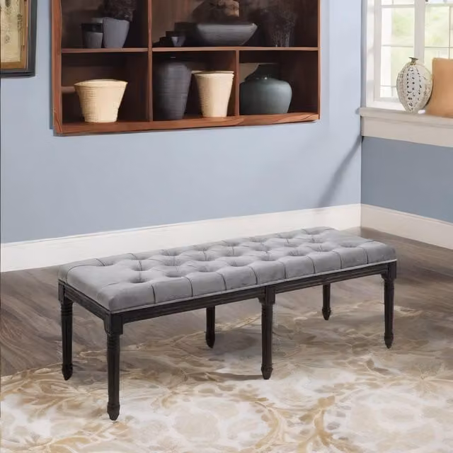 FURNOS Grey Tufted Velvet Accent Bench with Upholstered Wood Frame, W: 150.0 cm, D: 51.0 cm, H: 47.0 cm