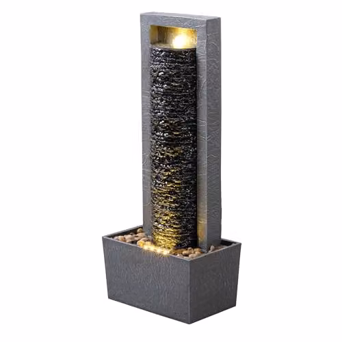 Teamson Home Garden Outdoor Waterfall Water Fountain with Warm LED Lights and Layered Rock Design in Dark Grey and Brown, W/D/H: 21.59 x 21.59 x 82.03 cm