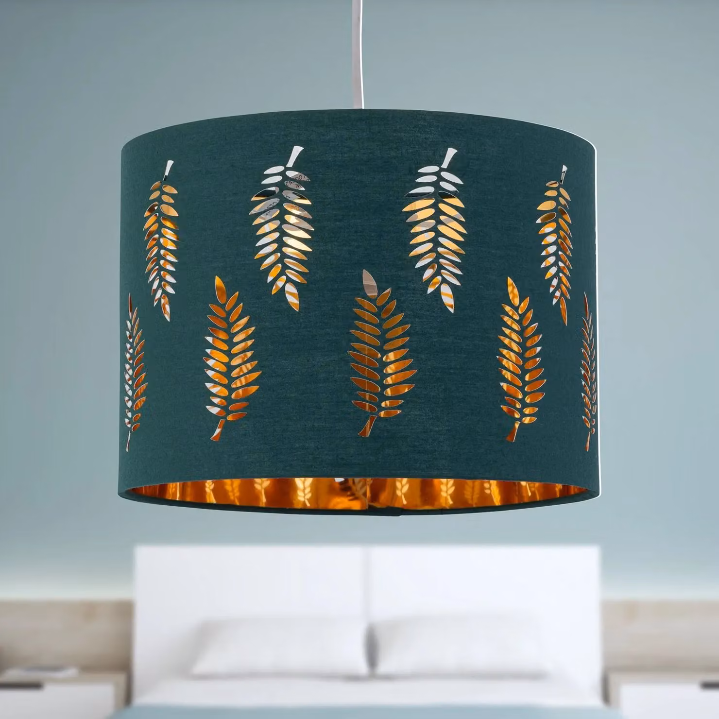 First Choice Lighting Set of 2 Fern Dark Green and Gold Round Fabric Pendant Lightshades, Diameter: 25 cm – 4