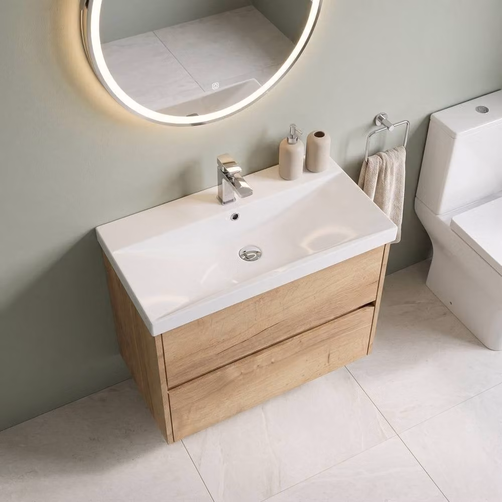 Balterley Chartley Wall Hung Bathroom Vanity Unit with Basin and 2 Soft Close Drawers, Autumn Oak Brown, W: 81 cm, D: 39.5 cm, H: 58.9 cm – 2
