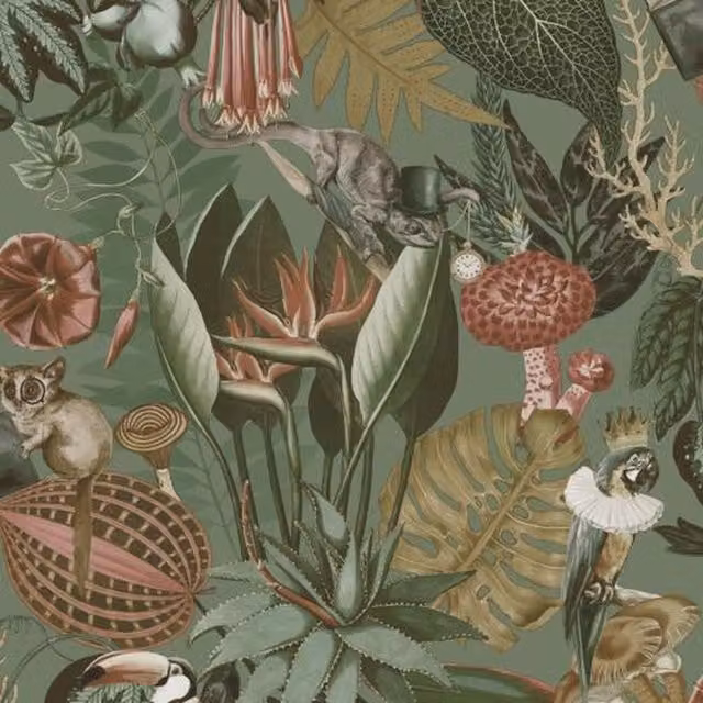 Holden Wonderland Jungle Floral Birds Exotic Sage Green and Grey Smooth Paper Wallpaper