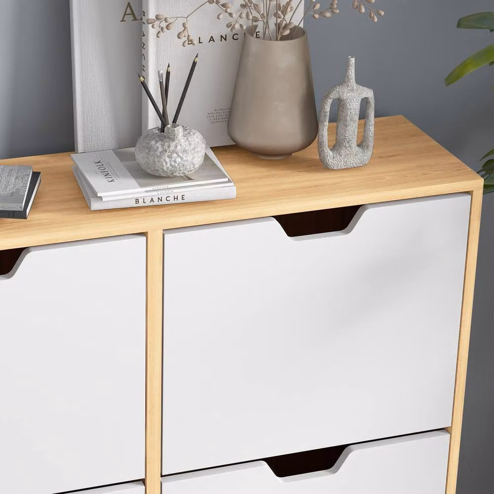 ERGOVEXA Scandinavian Style Freestanding Shoe Storage Cabinet with 8 Tilting Compartments in Brown and White – 7