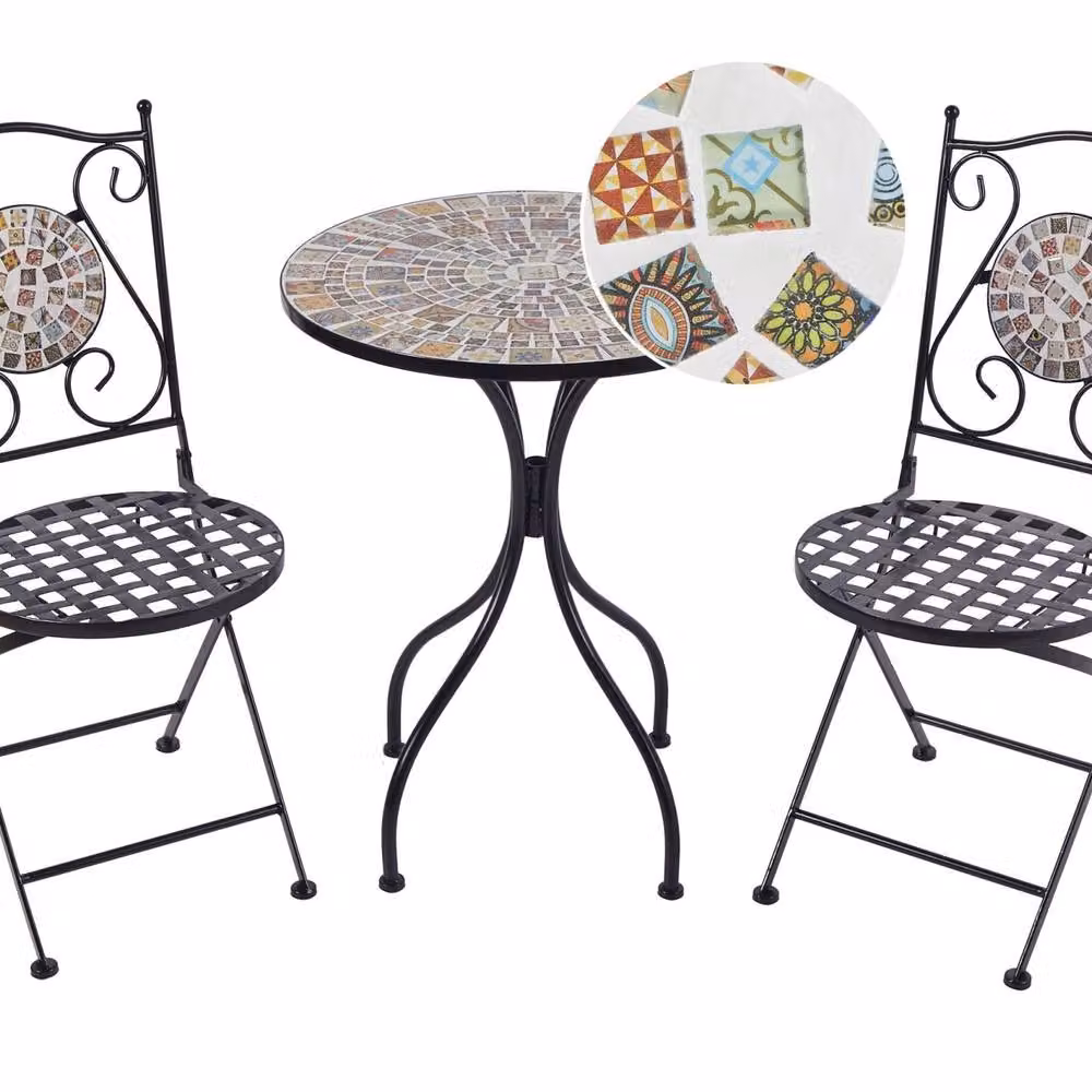 Wyld and Coco Gardenia 2 Seat Bistro Set with Black Powder Coated Steel Table and Folding Chairs – 2
