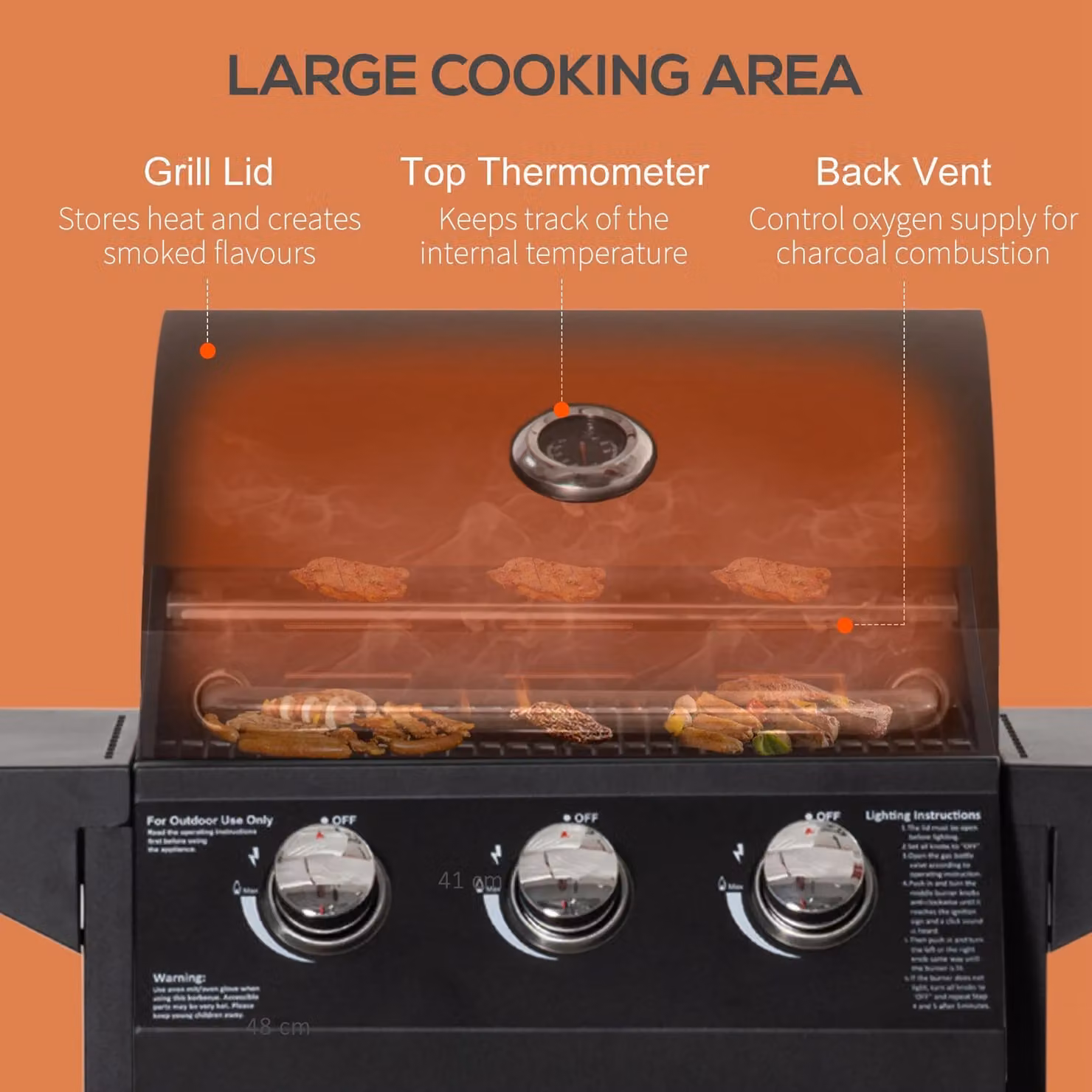 Outsunny 3 Burner Gas BBQ Grill with Warming Rack, Thermometer and Wheels, Black, W/D/H: 121 x 55 x 109 cm – 4