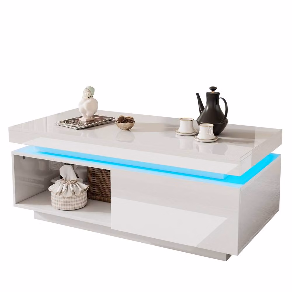 ModernLuxe High Gloss LED Coffee Table with Drawers and Open Display Shelf in White W/D/H: 100 x 40 x 40 cm – 2