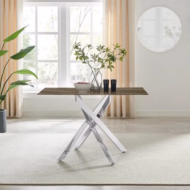 FurnitureboxUK Leonardo 4-Seater Rectangular Dining Table with Marble Effect Glass Top and Silver Metal Legs in Dark Brown