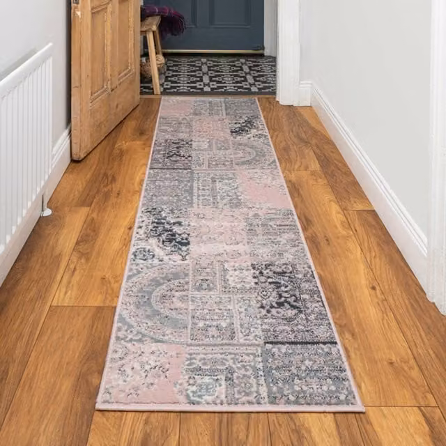 The Rug House Blush Pink and Grey Traditional Patchwork Living Room Rug, W: 240 cm, D: 60 cm