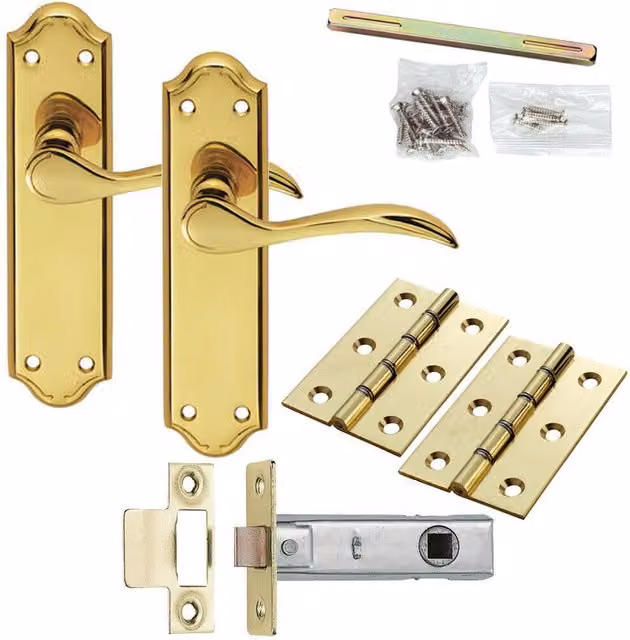 Loops Polished Brass Modern Scroll Curved Lever Door Handle and Latch Pack with Ornate Backplate in Gold