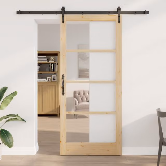 Berkfield Home Minimalist Solid Wood Pine Sliding Door with Hardware Set in Brown, W: 93 cm, H: 211 cm – 1