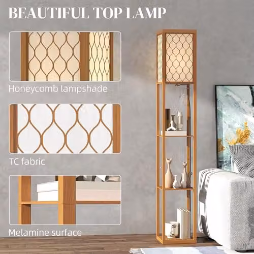 HOMCOM Modern Floor Lamp with Shelves and Fabric Lampshade in Natural Wood – 3