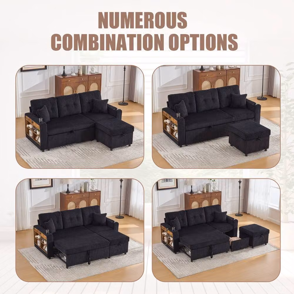 FENCHILIN 3 Seater Pull-out Sofa Bed in Black with Hidden Storage, LED Lighting and USB Charging – 2