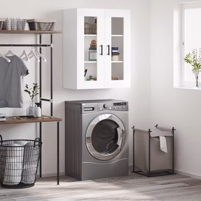 Berkfield Home Wall Mounted Cabinet with Glass Doors, White, W/D/H: 69.5 x 34 x 90 cm