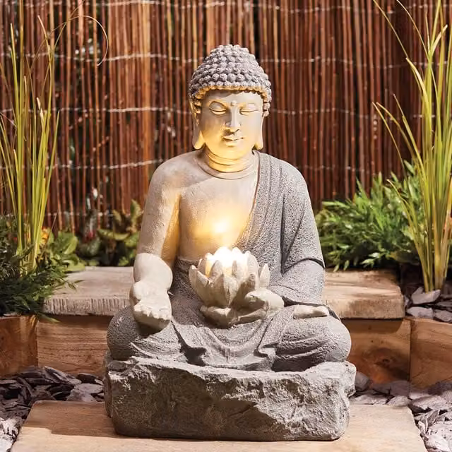 Serenity Lotus Buddha Tabletop Water Feature in Grey