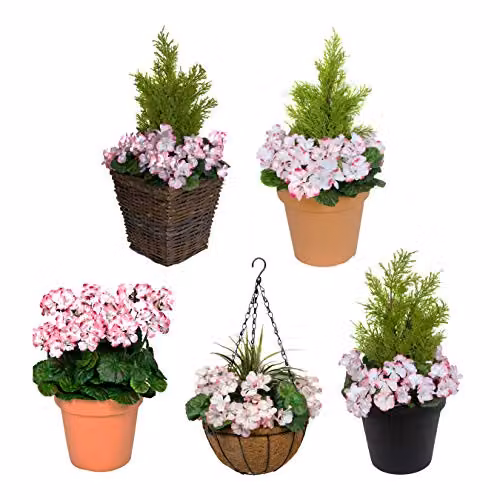 GreenBrokers Set of 2 Mixed Floral Artificial Rattan Tabletop Planters with Pink Geraniums and Cedar Topiary – 3