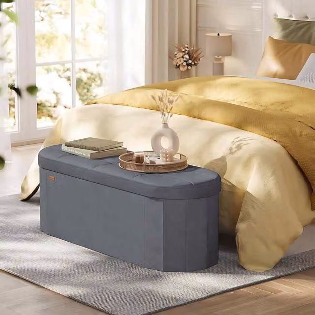The Bazaarist Foldable Velvet Storage Bench with Hidden Storage in Dark Grey