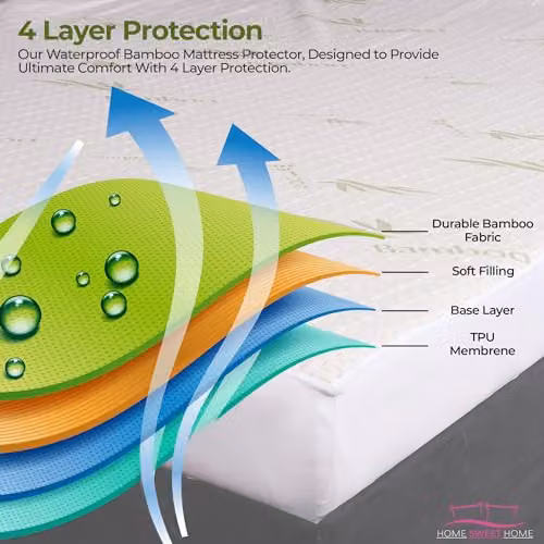 Home Sweet Home UK Luxury Bamboo Waterproof Mattress Protector, Super King, White, W/D/H: 200 x 200 x 40 cm – 3