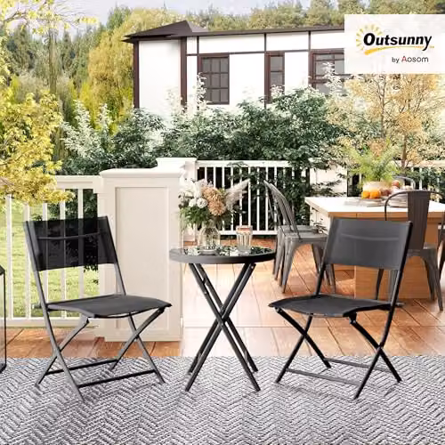 Outsunny 3 Piece Outdoor Bistro Set with Glass Top Round Table and 2 Folding Chairs in Black – 2