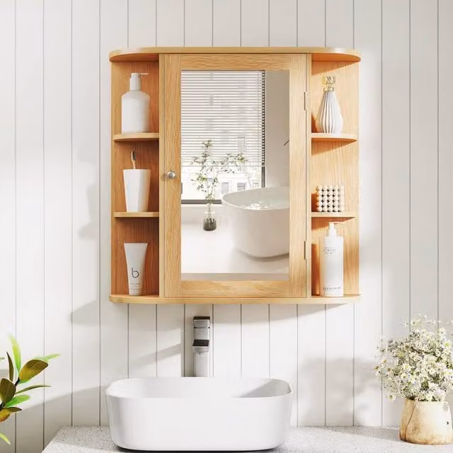 Costway 3-Tier Mirrored Wall Mounted Bathroom Storage Cabinet with Shelves in Natural Sand Brown – 1