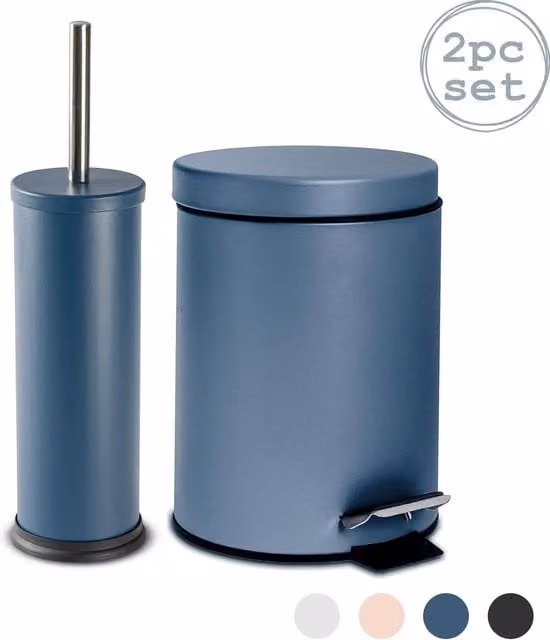 Harbour Housewares Blue Pedal Bin and Toilet Brush Set with Matching Stainless Steel Finish