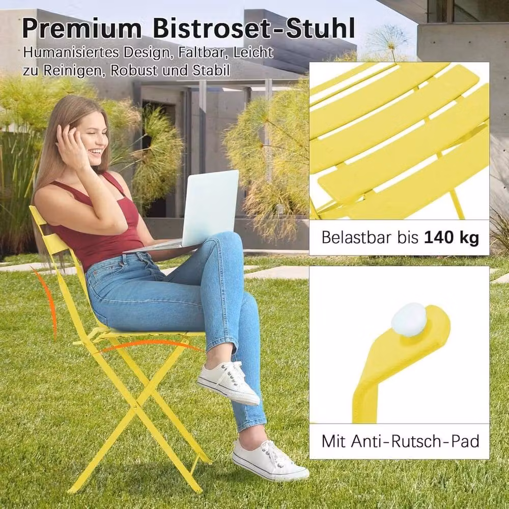 PAWNORA 3-Piece Metal Bistro Set with Folding Table and Chairs in Beige and Yellow – 2