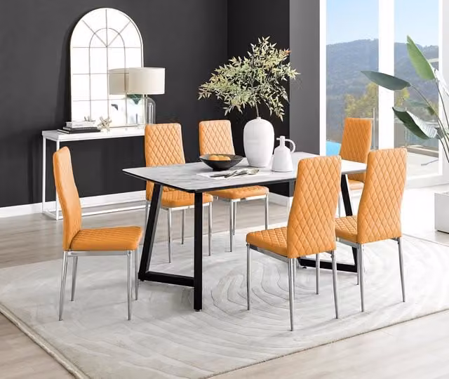 FurnitureboxUK Carson White Marble Effect Dining Table and 6 Milan Mustard Faux Leather Chairs with Chrome Legs – 1