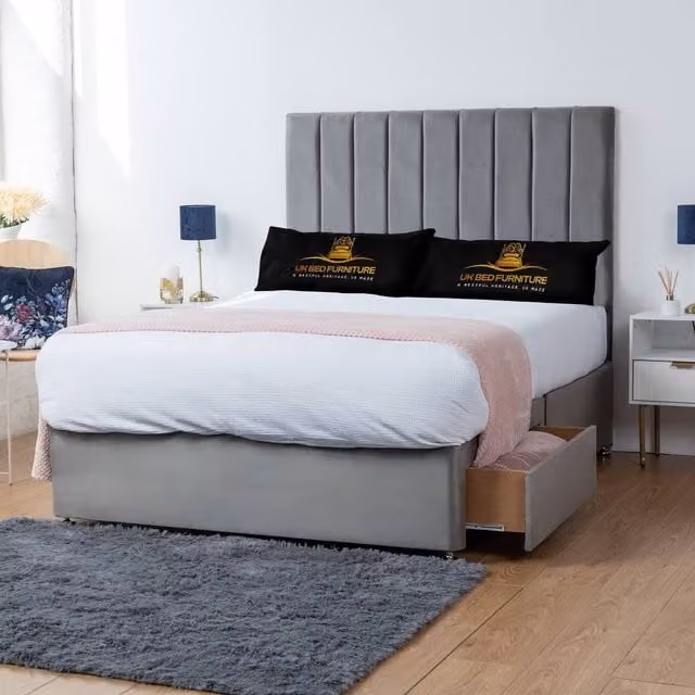 UK Bed Furniture Ashford King Size Divan Bed with 2 Drawers and 26 Inch Headboard in Grey