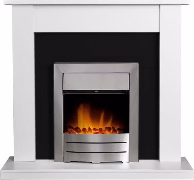 Adam Fires & Fireplaces Adam Sutton Fireplace in Pure White and Black with Colorado 43 Inch Grey Electric Fire in Brushed Steel – 1