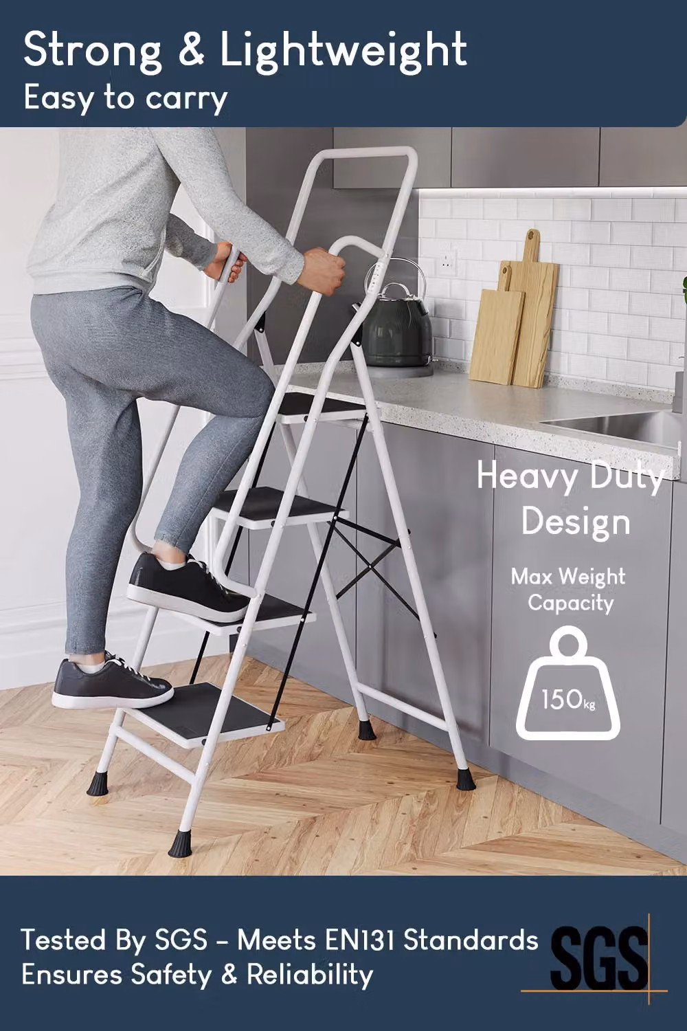 Home Discount Vida 4 Step Folding Ladder with Handrail and Anti-Slip Mat in White – 5