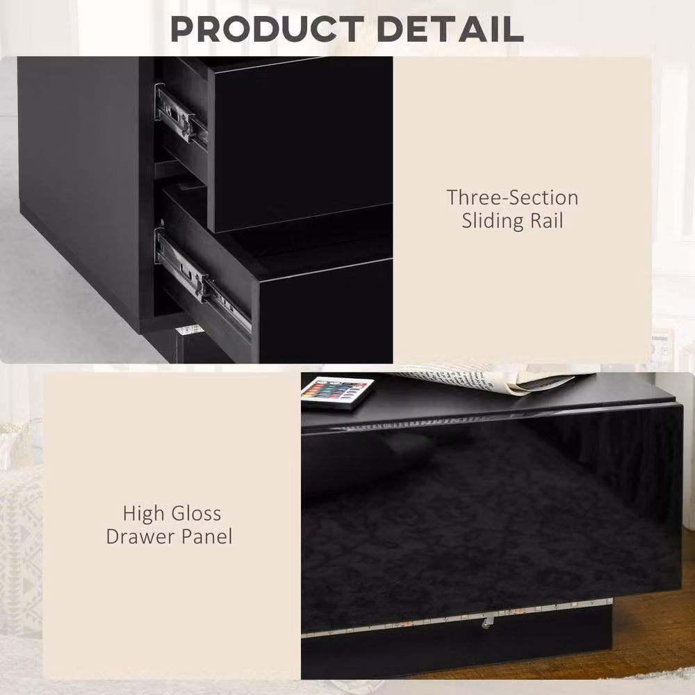 STILVORA Black Glossy Bedside Table with 2 Drawers and Integrated LED Lighting – 7