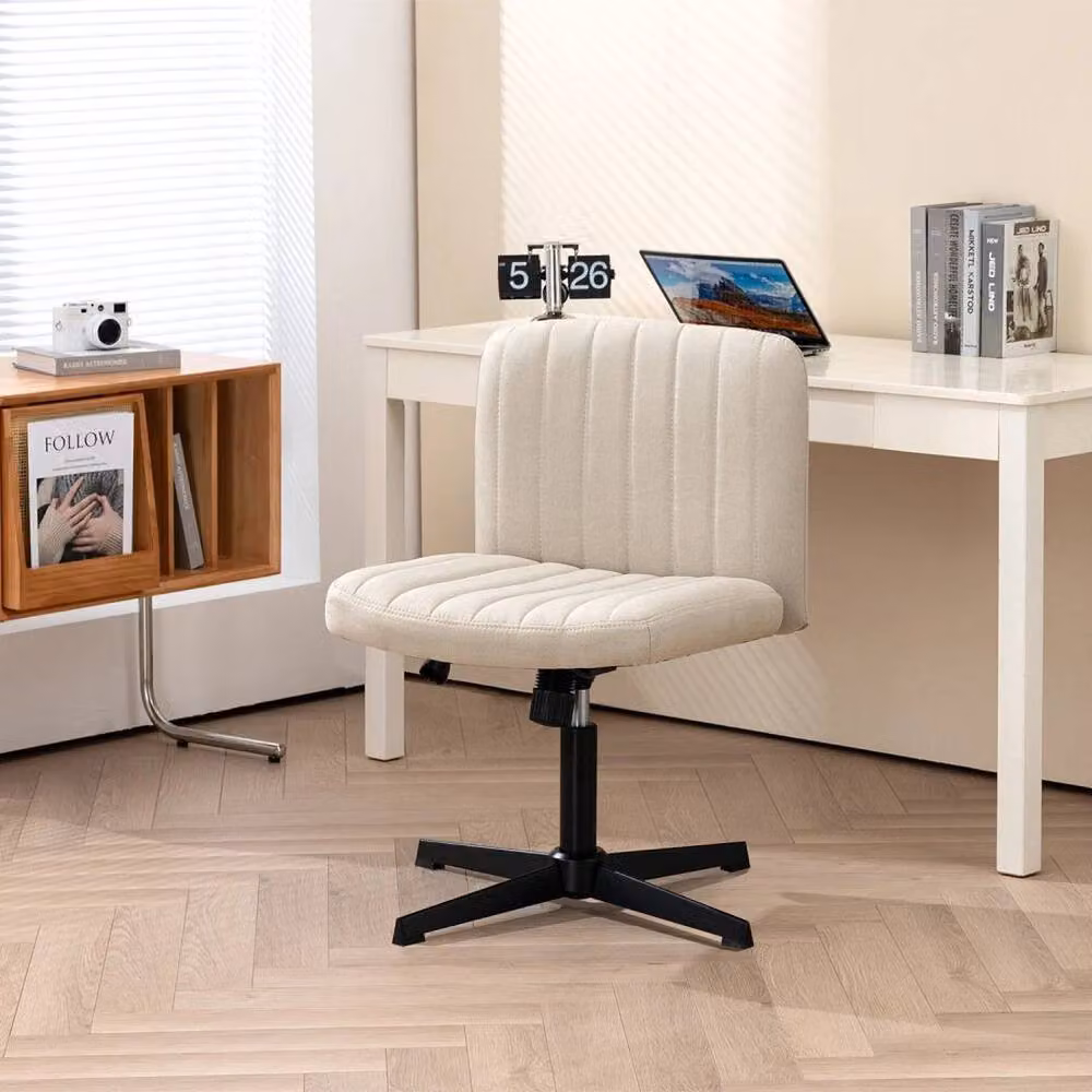 Hinsinc Beige Armless Fabric Task Chair with Padded Upholstered Seat and 360 Degree Swivel for Home Office – 2