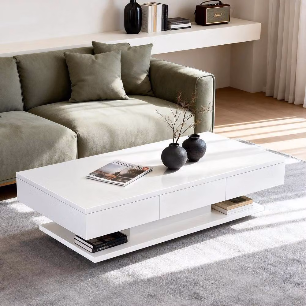 EONLION Modern Glossy White Rectangular Coffee Table with Drawer, Width: 100 cm – 3