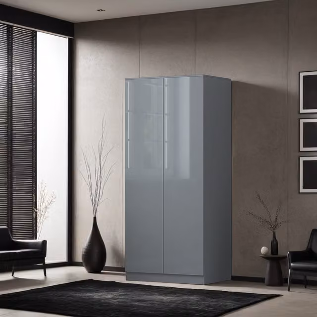 FWStyle Modern 2 Door Double Wardrobe in High Gloss Grey with Soft Close Push to Open Doors
