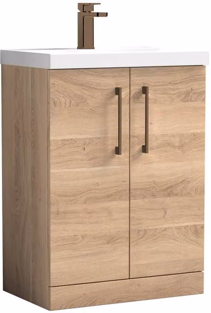 Balterley Contemporary 2-Door Bathroom Floor Vanity and Basin in Bleached Oak Brown, Width: 60 cm