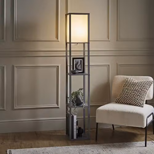 ValueLights Struttura Grey Wooden Floor Lamp with Fabric Shade and LED Bulb – 2