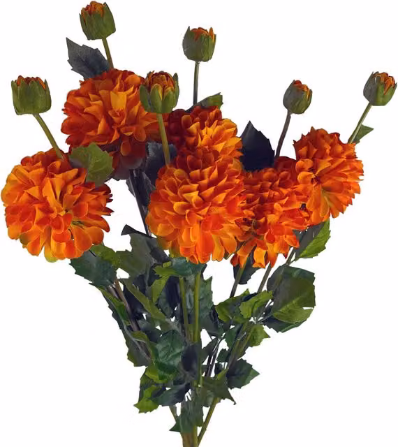 Orange Artificial Dahlia PomPom Flower Stems with Leaves