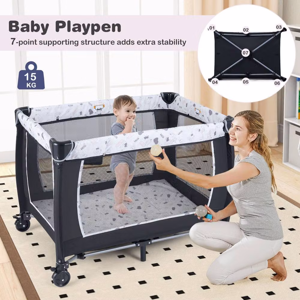Costway Foldable Pack and Play Portable Baby Playard with Rocking Bassinet and Music Box, Multicolour – 4