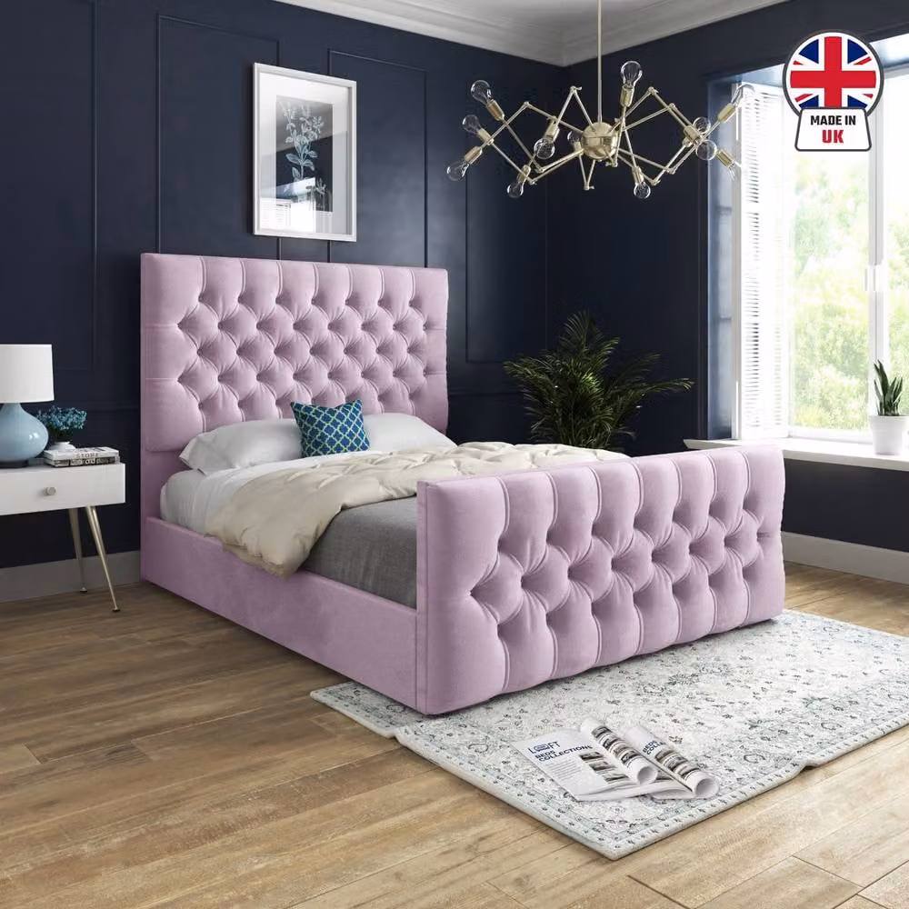 KDMD Shawford Chesterfield Upholstered Velvet Bed Frame in Pink, W/D/H: 137 x 120 x 83 cm – 3