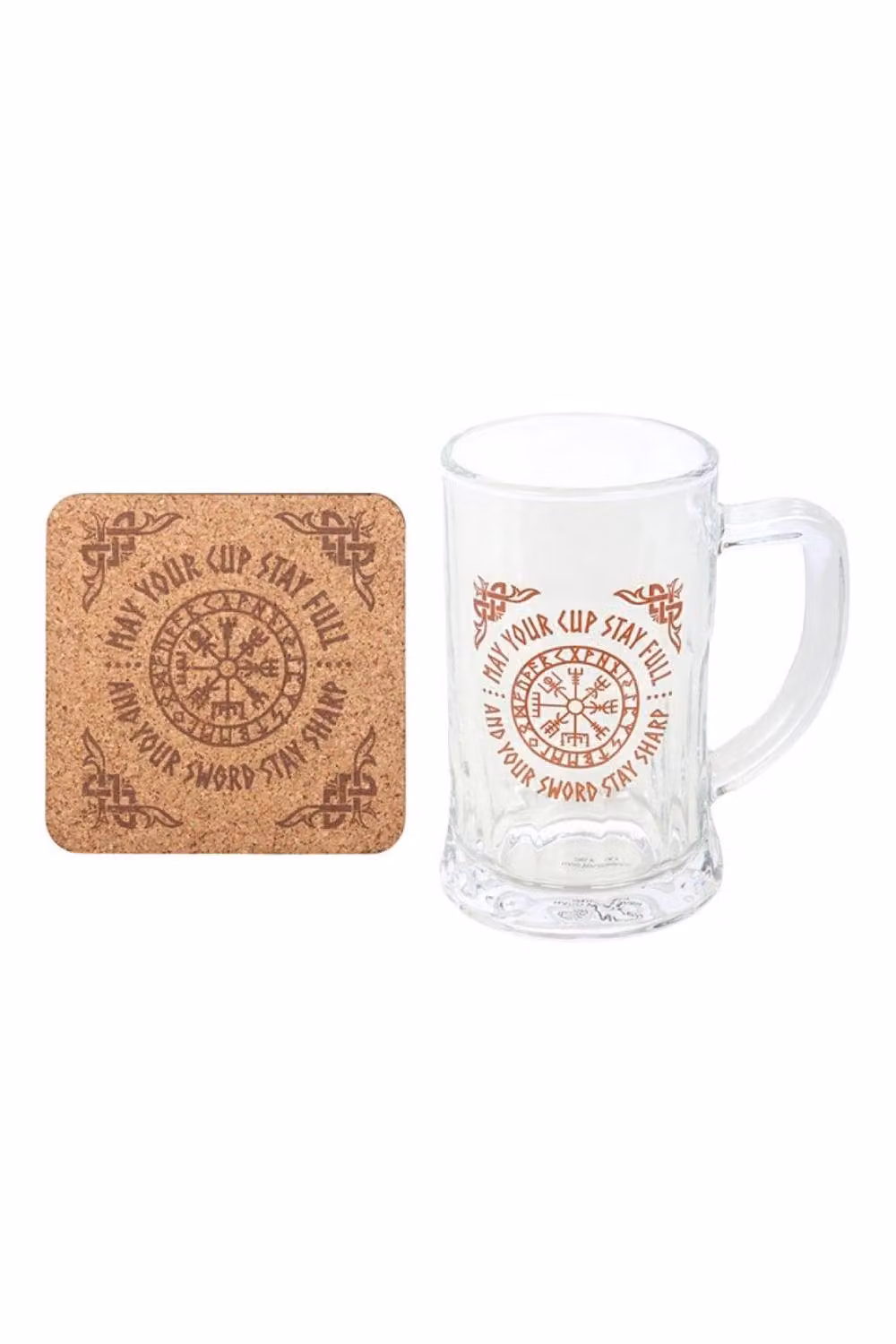 KDMD Viking Compass Glass Beer Tankard and Cork Coaster Set, 500ml, Clear – 2