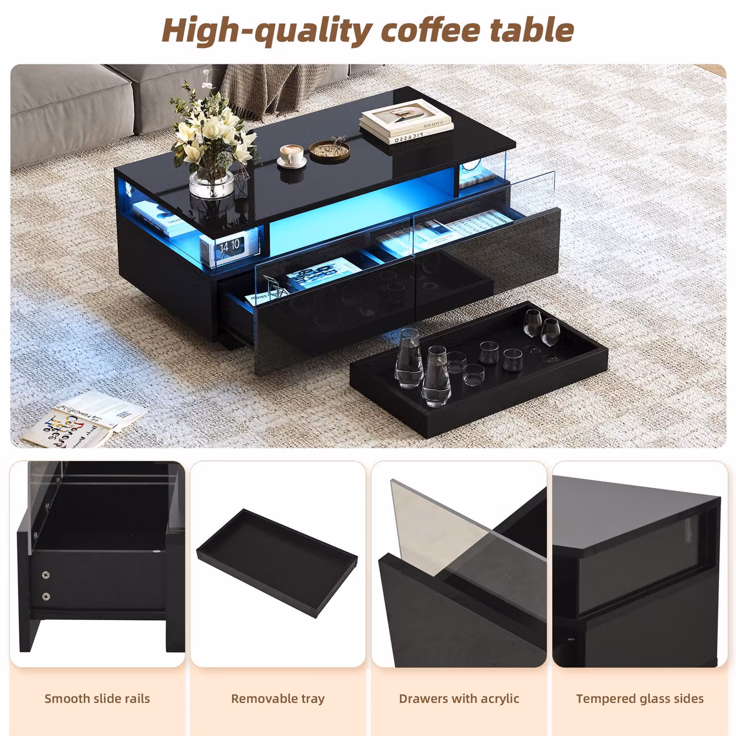 Aosom UK High-Gloss 3-Tier Coffee Table with Removable Tray and App-Controlled LED Lights, Black, W: 90 cm, D: 45 cm, H: 35.5 cm – 6
