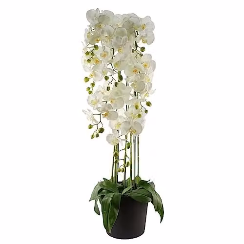 Leaf Design UK Realistic White Artificial Orchid Plant in Green Pot, Height: 110 cm – 1