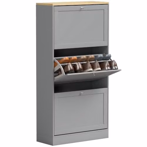 HOMCOM Modern Grey Wall Mounted Shoe Cabinet with Tilting Compartments, W/D/H: 60 x 23.5 x 115 cm