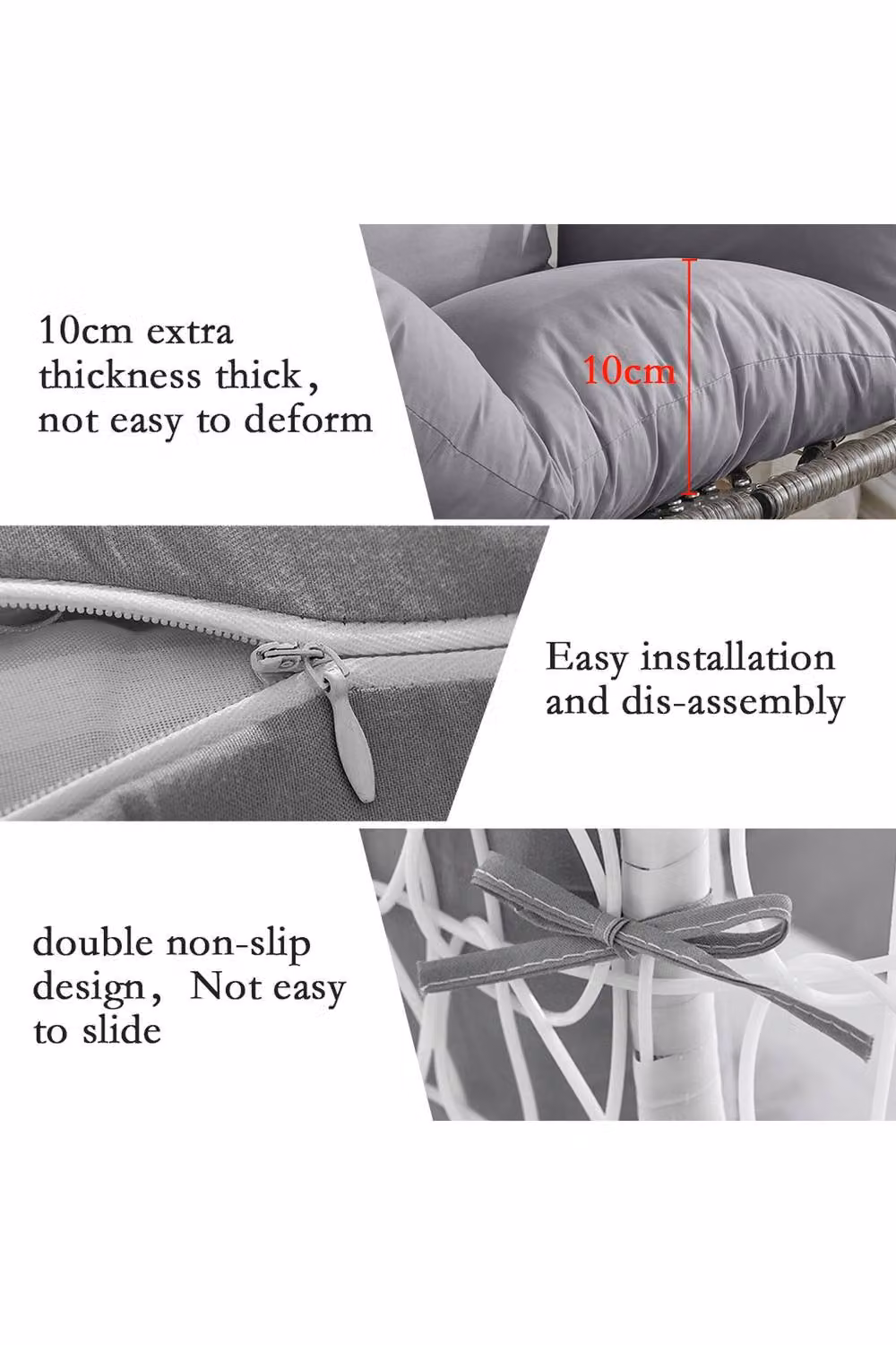 Garden Sanctuary Oval Egg Hanging Chair Cushion Replacement, Grey, Cotton Filled – 3