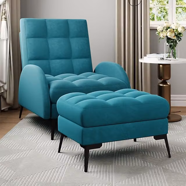 Komore Green Velvet Leisure Recliner Sofa with Footstool