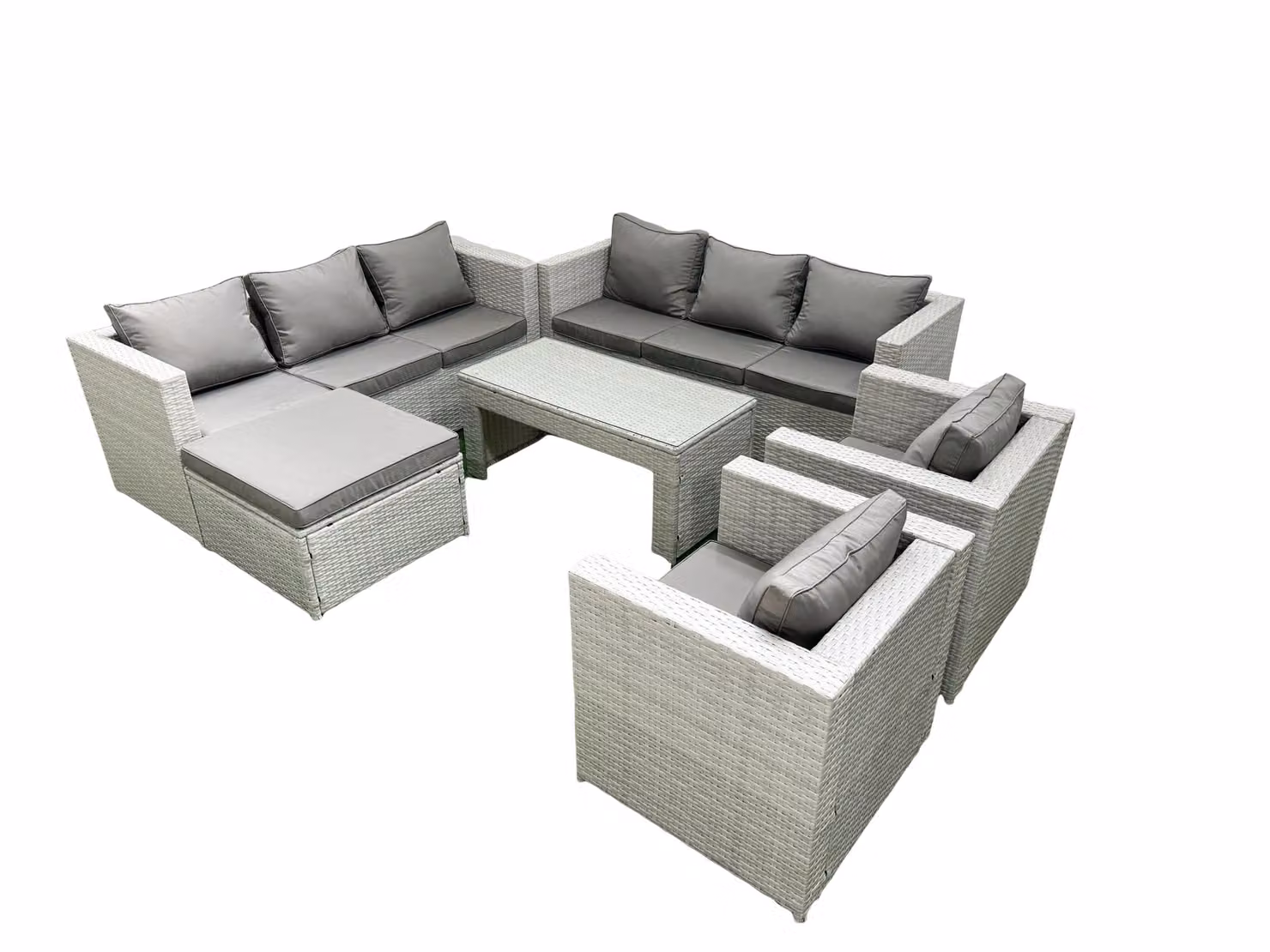 Fimous Rattan Outdoor Garden Furniture Set in Light Grey with 3-Seater Sofa, 2-Seater Sofa, 2 Armchairs, Coffee Table and Ottoman – 2