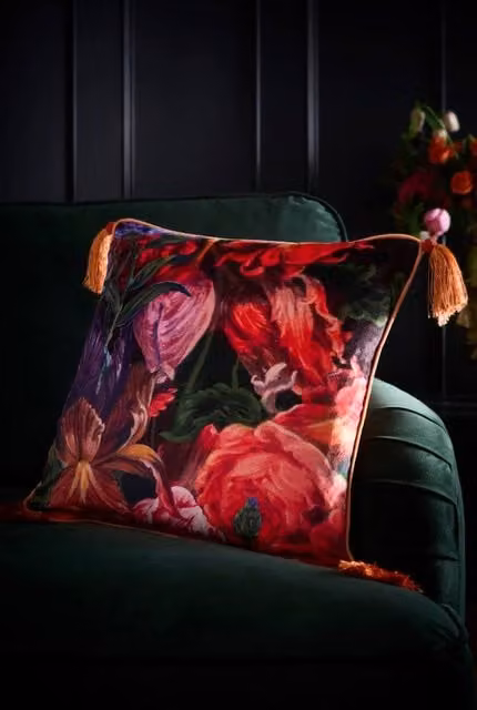 House of Llewelyn-Bowen Grande Chintz Multicolour Floral Velvet Square Cushion, W/D/H: 43 x 43 x 43 cm