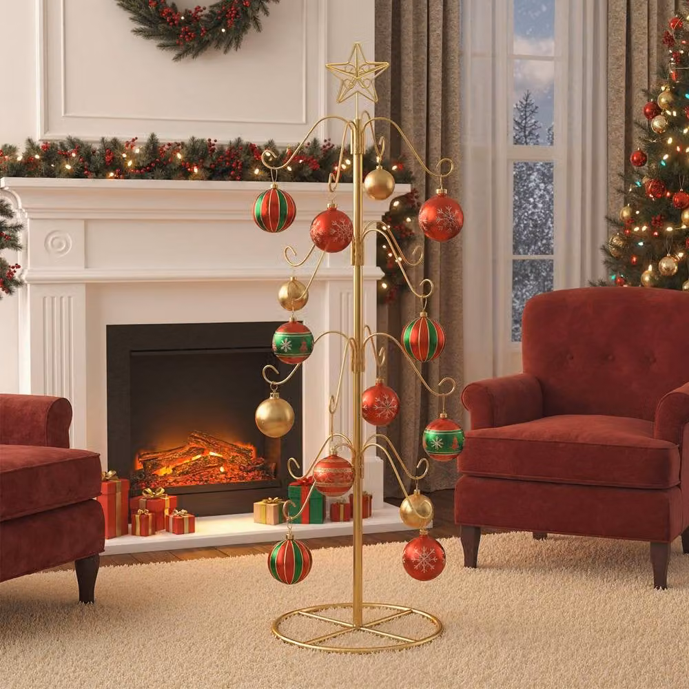 Gymax Gold Metal Christmas Stocking Holder Stand with Star Decoration and 16 Hanging Hooks, Height: 121 cm – 6
