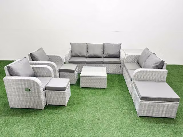 Fimous Grey PE Rattan Garden Furniture Set with 2 Seater Sofa, Coffee Table and 3 Stools